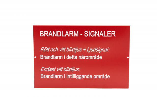 Graverad skylt med text brandlarm - signaler